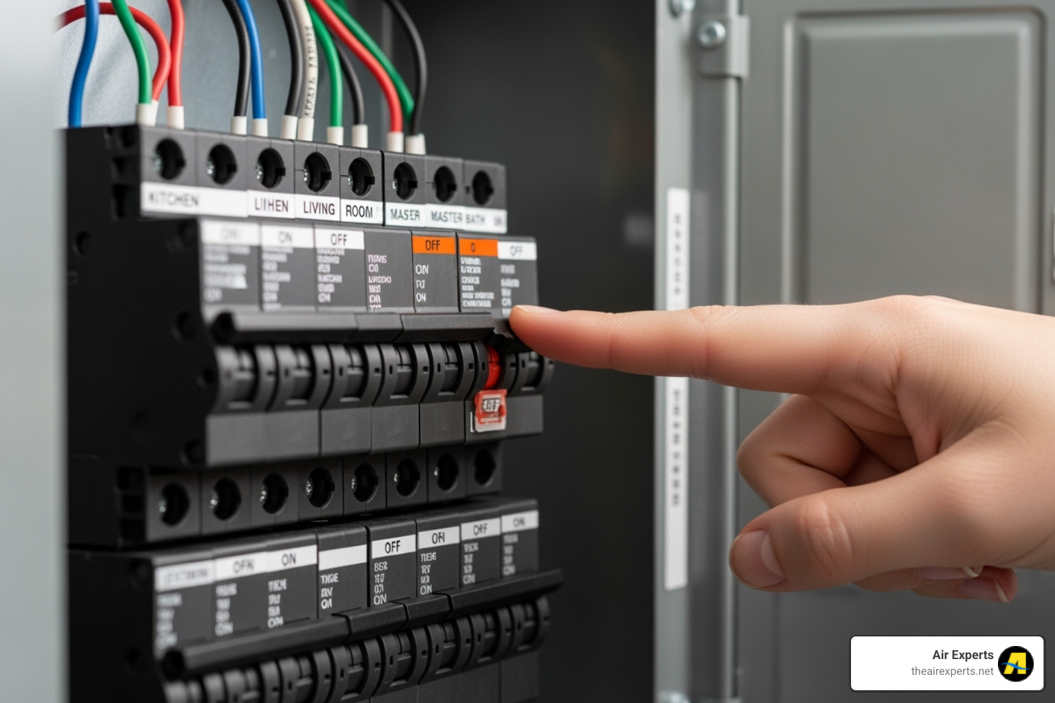 home's circuit breaker panel with a finger pointing to a tripped breaker - heat pump not turning on