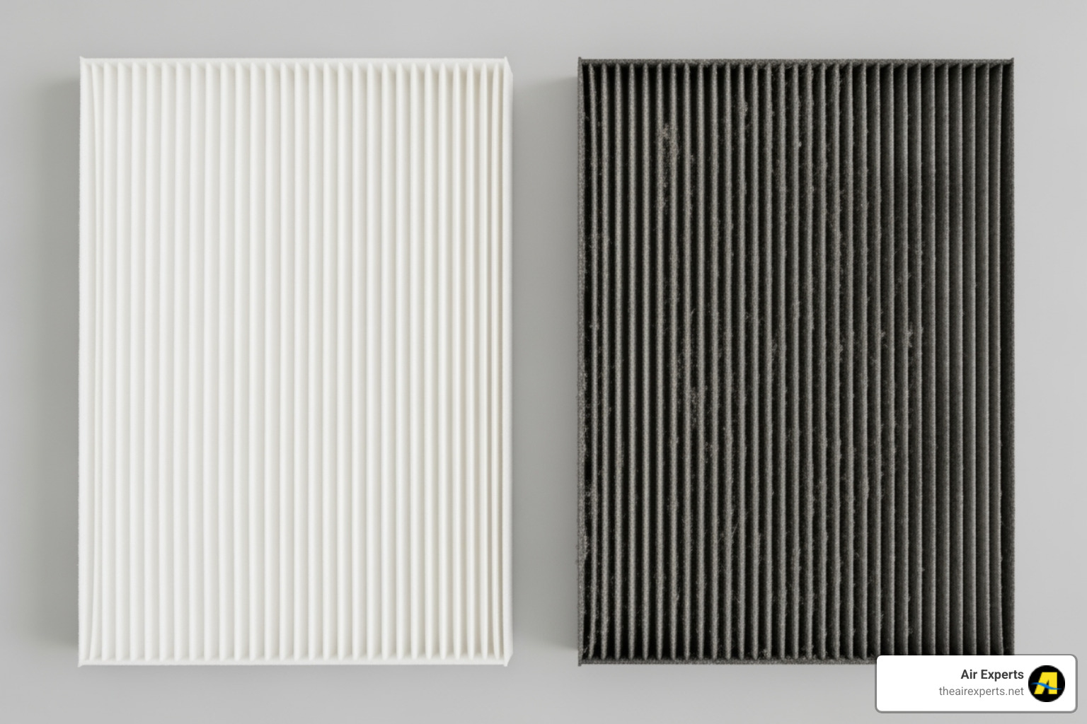 side by side comparison of a clean white air filter and a dirty, grey air filter - Heat pump filter replacement