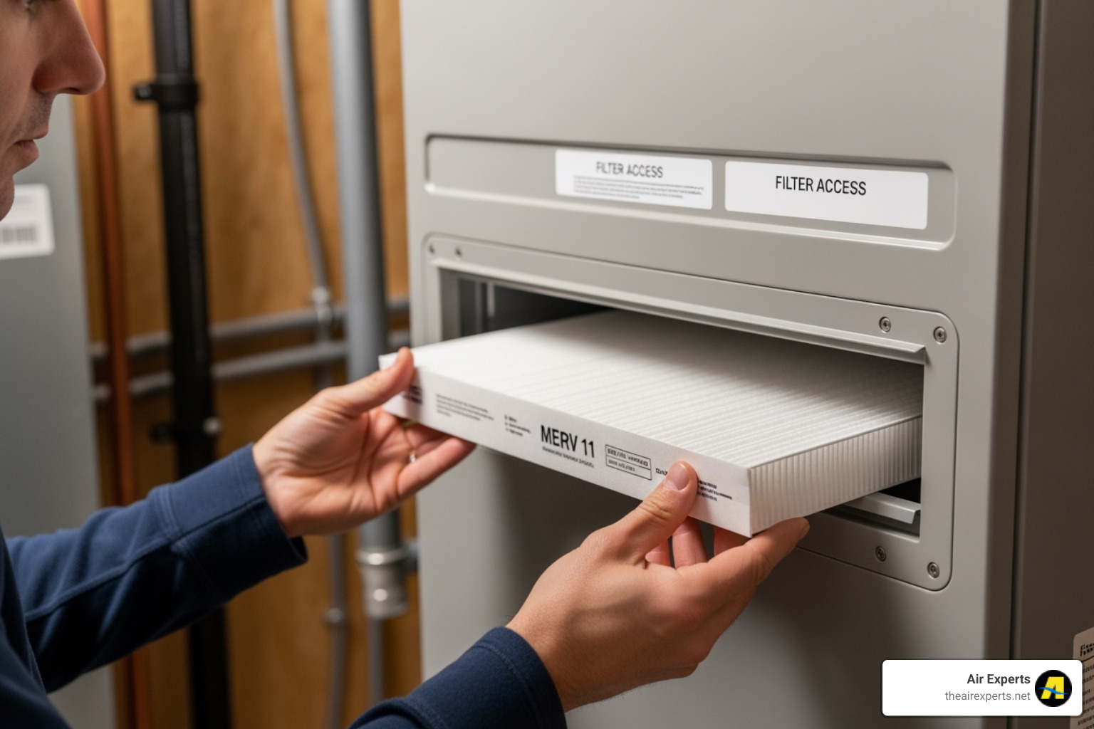 homeowner sliding a new, clean filter into the air handler slot - Heat pump filter replacement