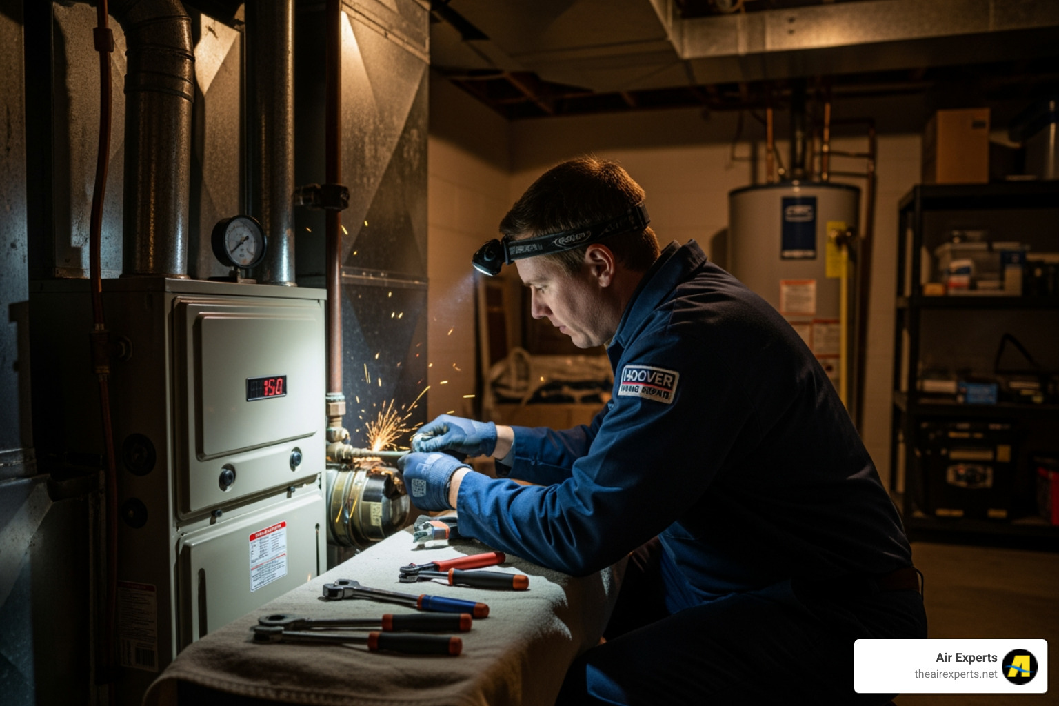 Infographic showing the top 5 signs you need emergency furnace repair: 1. No heat or only lukewarm air coming from vents, 2. Strange noises like banging, rattling, or squealing, 3. Unusual odors including burning smells or gas, 4. Furnace cycles on and off repeatedly, 5. Carbon monoxide detector alarm or gas smell - emergency furnace repair in hoover, al