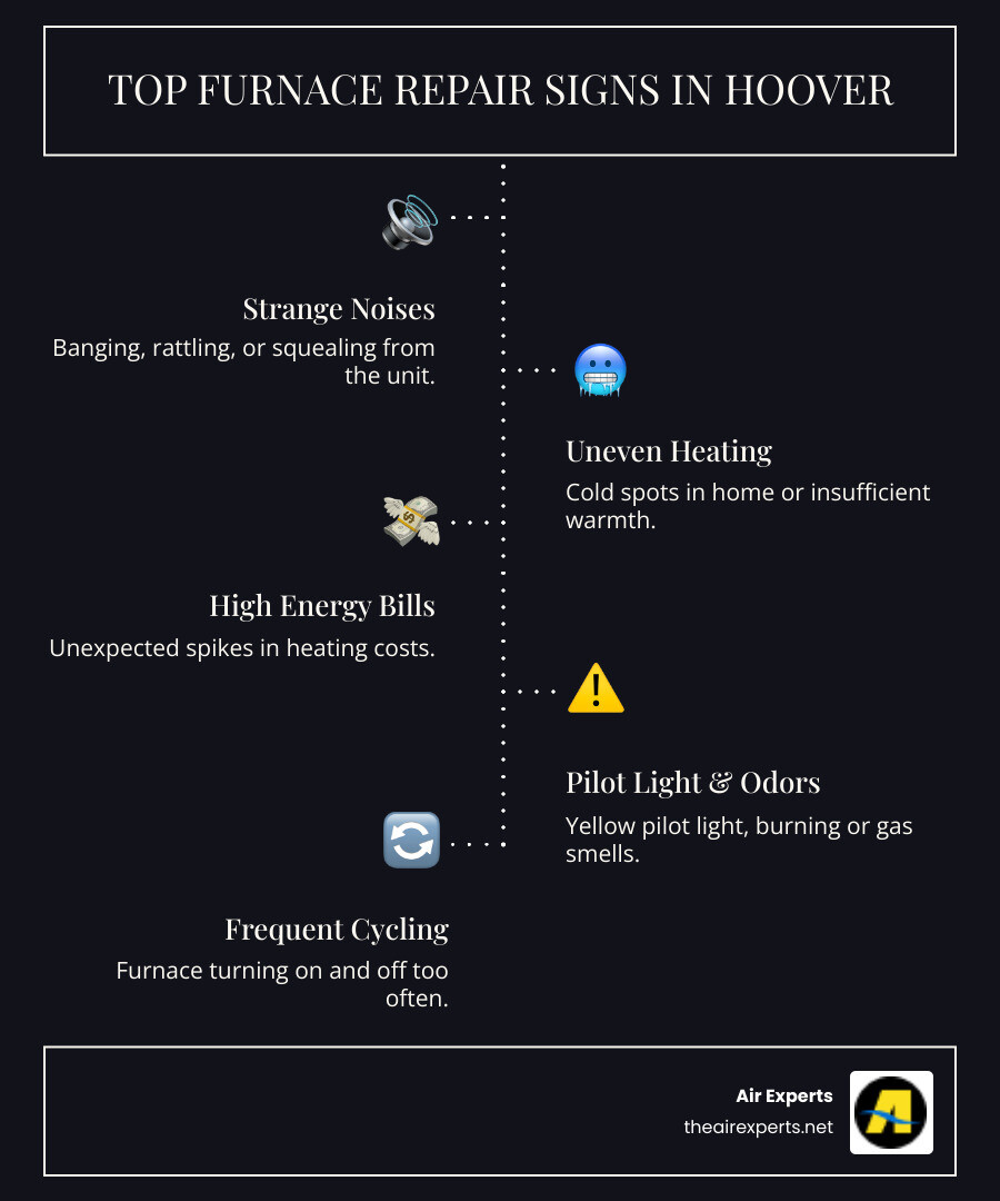 Infographic showing common furnace warning signs including strange noises from the unit, uneven heating across rooms, yellow pilot light flame, frequent on-off cycling, higher utility bills, poor air quality with excess dust, and unusual odors, with icons representing each symptom and a central furnace illustration - residential furnace repair in hoover, al infographic infographic-line-5-steps-dark Infographic showing common furnace warning signs including strange noises from the unit, uneven heating across rooms, yellow pilot light flame, frequent on-off cycling, higher utility bills, poor air quality with excess dust, and unusual odors, with icons representing each symptom and a central furnace illustration - residential furnace repair in hoover, al infographic infographic-line-5-steps-dark