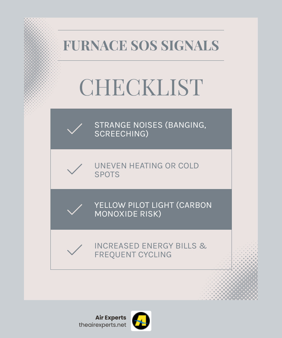 Infographic showing the top warning signs your furnace needs professional repair, including strange noises like banging or screeching, uneven room temperatures, yellow pilot light flames indicating carbon monoxide risk, sudden energy bill increases, and frequent on-off cycling - furnace repair vestavia hills al infographic checklist-light-blue-grey Infographic showing the top warning signs your furnace needs professional repair, including strange noises like banging or screeching, uneven room temperatures, yellow pilot light flames indicating carbon monoxide risk, sudden energy bill increases, and frequent on-off cycling - furnace repair vestavia hills al infographic checklist-light-blue-grey