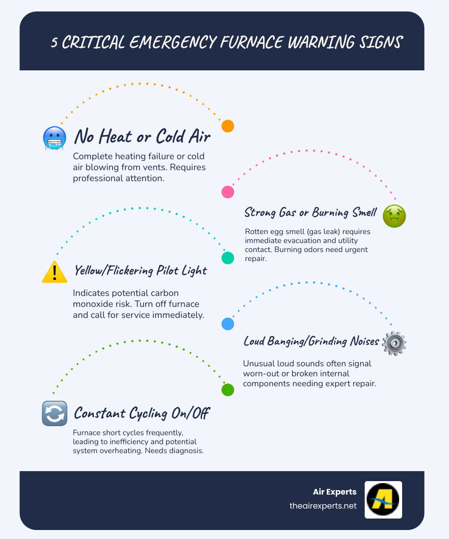 Infographic showing 5 critical emergency furnace warning signs: 1) No heat or cold air blowing, 2) Strong gas or burning smell, 3) Yellow or flickering pilot light flame, 4) Loud banging or grinding noises, 5) Furnace constantly cycling on and off. Each sign includes a red alert icon and brief safety note about when to evacuate versus when to call for service - emergency furnace repair in vestavia hills, al infographic infographic-line-5-steps-blues-accentmd5-3c5dba8706cae7e1513f9660e16a3baacolors Infographic showing 5 critical emergency furnace warning signs: 1) No heat or cold air blowing, 2) Strong gas or burning smell, 3) Yellow or flickering pilot light flame, 4) Loud banging or grinding noises, 5) Furnace constantly cycling on and off. Each sign includes a red alert icon and brief safety note about when to evacuate versus when to call for service - emergency furnace repair in vestavia hills, al infographic infographic-line-5-steps-blues-accentmd5-3c5dba8706cae7e1513f9660e16a3baacolors