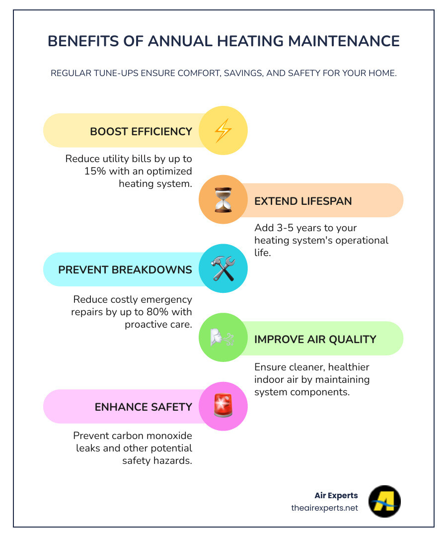 infographic showing the benefits of annual heating maintenance: improved efficiency (up to 15% lower bills), extended equipment lifespan (3-5 extra years), fewer emergency repairs (80% reduction), better indoor air quality, and enhanced safety with carbon monoxide prevention - residential heating maintenance in birmingham, al infographic infographic-line-5-steps-colors infographic showing the benefits of annual heating maintenance: improved efficiency (up to 15% lower bills), extended equipment lifespan (3-5 extra years), fewer emergency repairs (80% reduction), better indoor air quality, and enhanced safety with carbon monoxide prevention - residential heating maintenance in birmingham, al infographic infographic-line-5-steps-colors