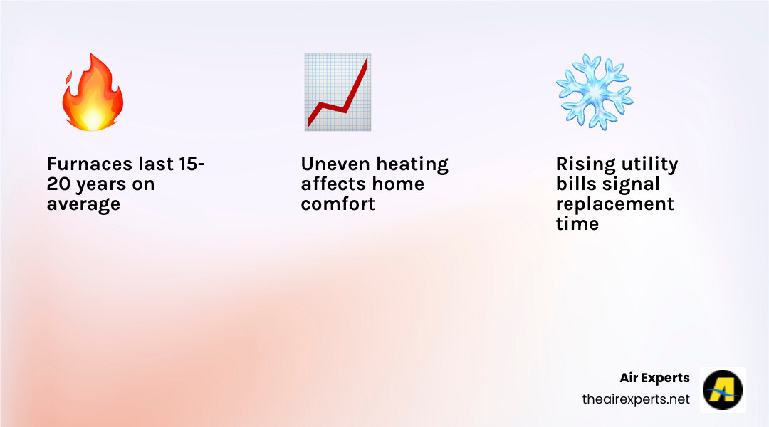 Furnace replacement lifecycle infographic: signs of failure, choosing a system, installation steps, and key benefits