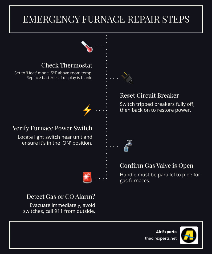 Infographic showing 6 emergency furnace repair steps for Birmingham homeowners including thermostat check and gas safety