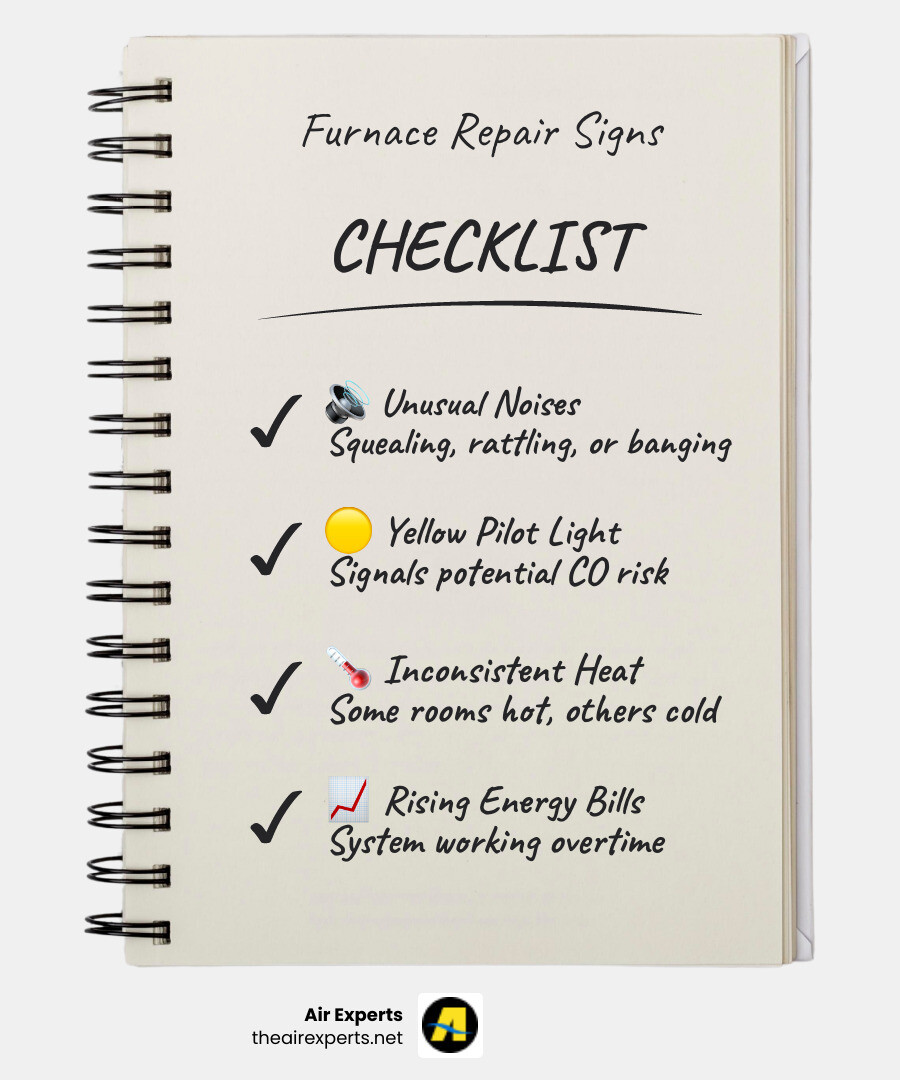 Infographic showing top signs a Birmingham AL furnace needs repair and how a central furnace heats a home - furnace repair
