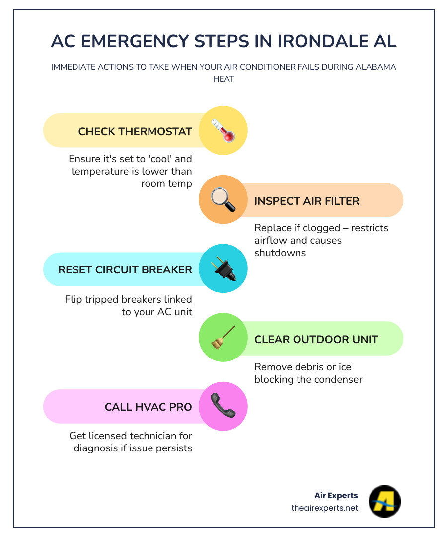 Infographic showing immediate steps to take when your AC stops cooling in Irondale AL - ac repair irondale al infographic