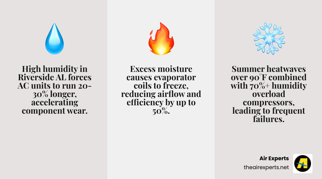Infographic showing how high humidity affects Alabama HVAC systems and common AC issues in Riverside AL - ac repair