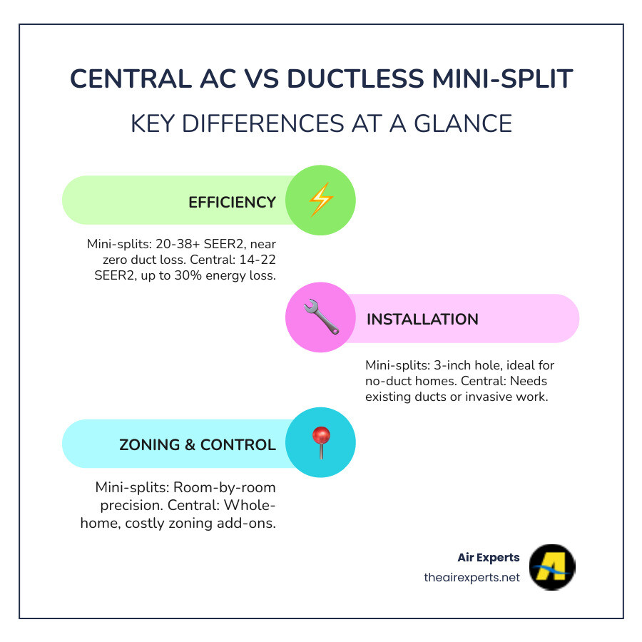Infographic comparing central AC and ductless mini-split systems: efficiency, installation, zoning, and lifespan - central Infographic comparing central AC and ductless mini-split systems: efficiency, installation, zoning, and lifespan - central