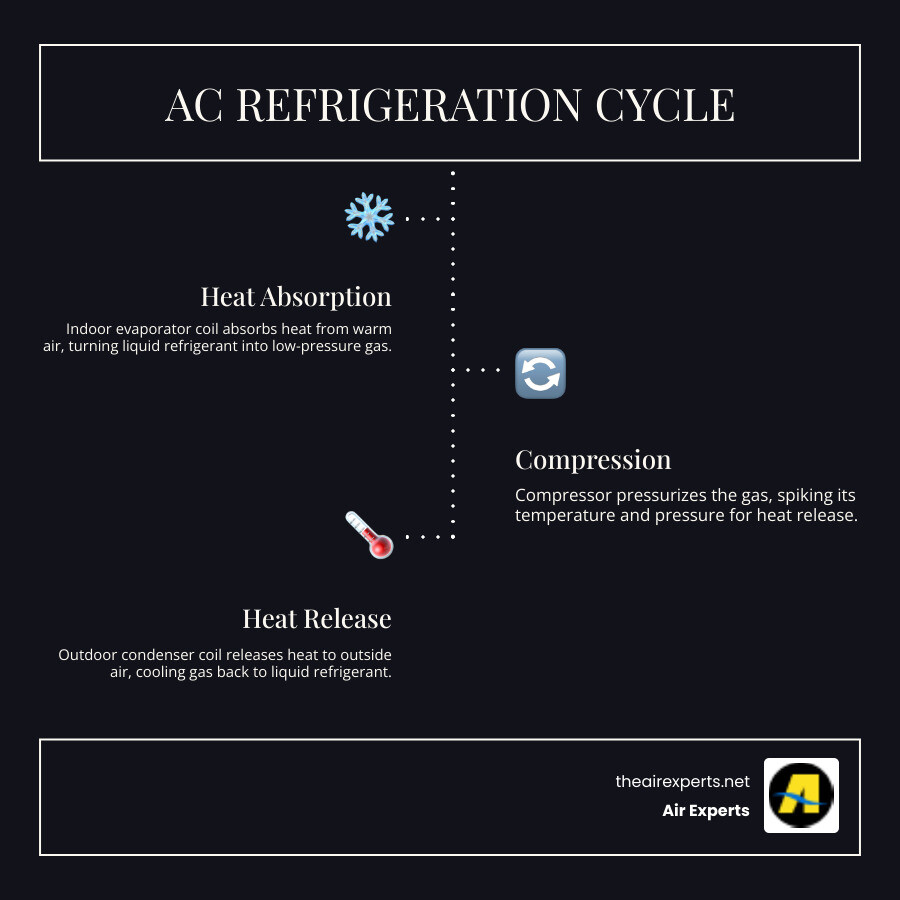 Infographic showing the basic AC refrigeration cycle: heat absorption, compression, heat release, and refrigerant reset Infographic showing the basic AC refrigeration cycle: heat absorption, compression, heat release, and refrigerant reset