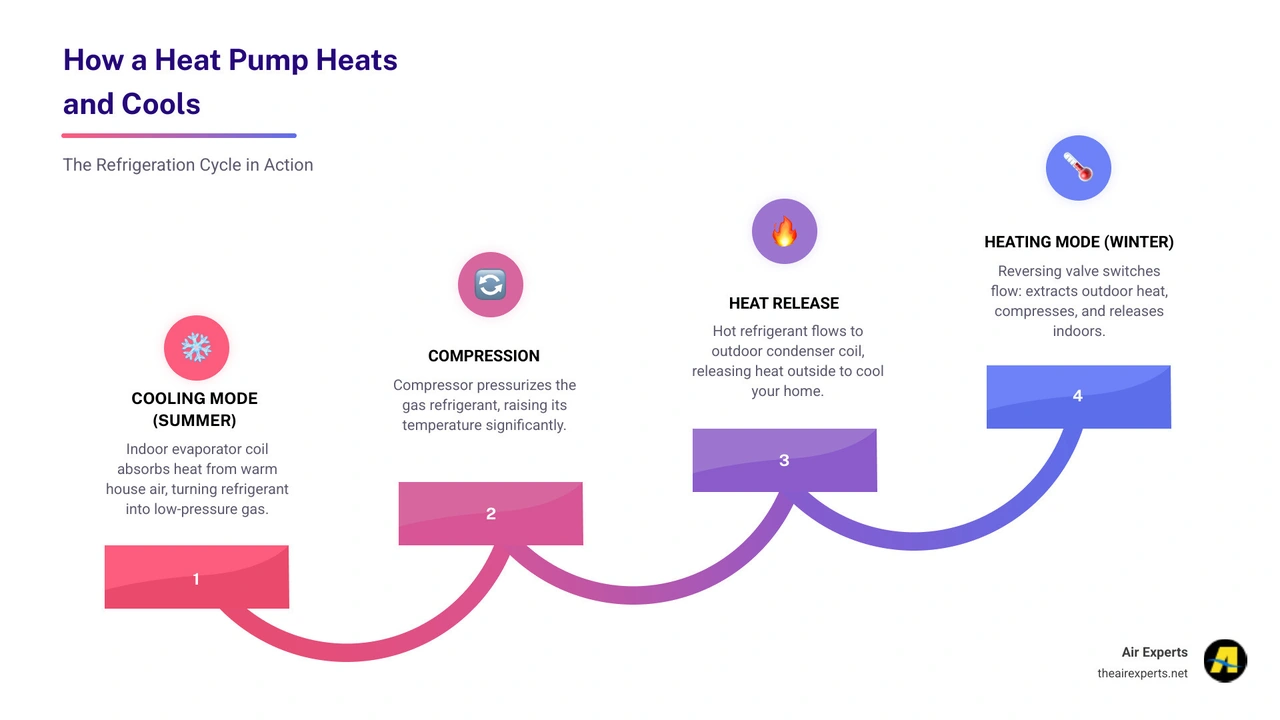 Infographic showing heat pump flow in heating and cooling modes with key components labeled - how a heat pump heats and