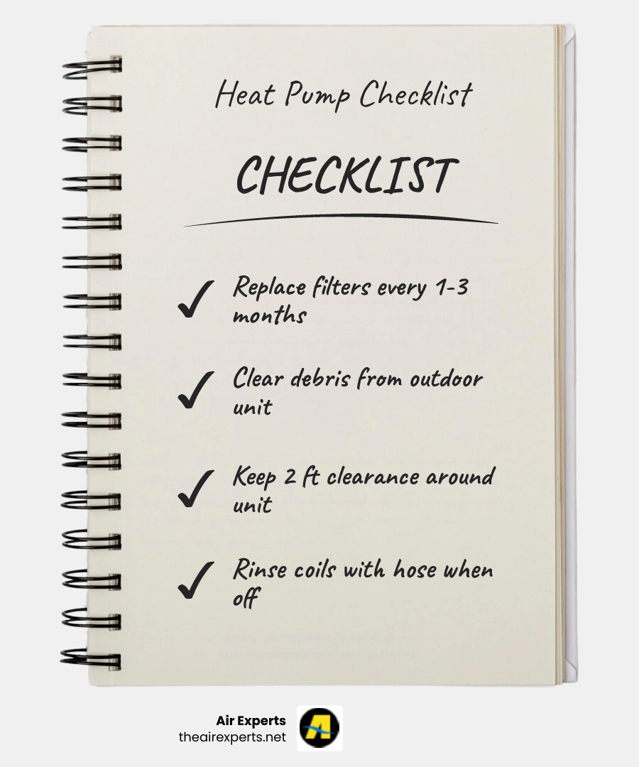 Heat pump maintenance checklist infographic showing DIY tasks, filter schedule, clearance requirements, and professional Heat pump maintenance checklist infographic showing DIY tasks, filter schedule, clearance requirements, and professional