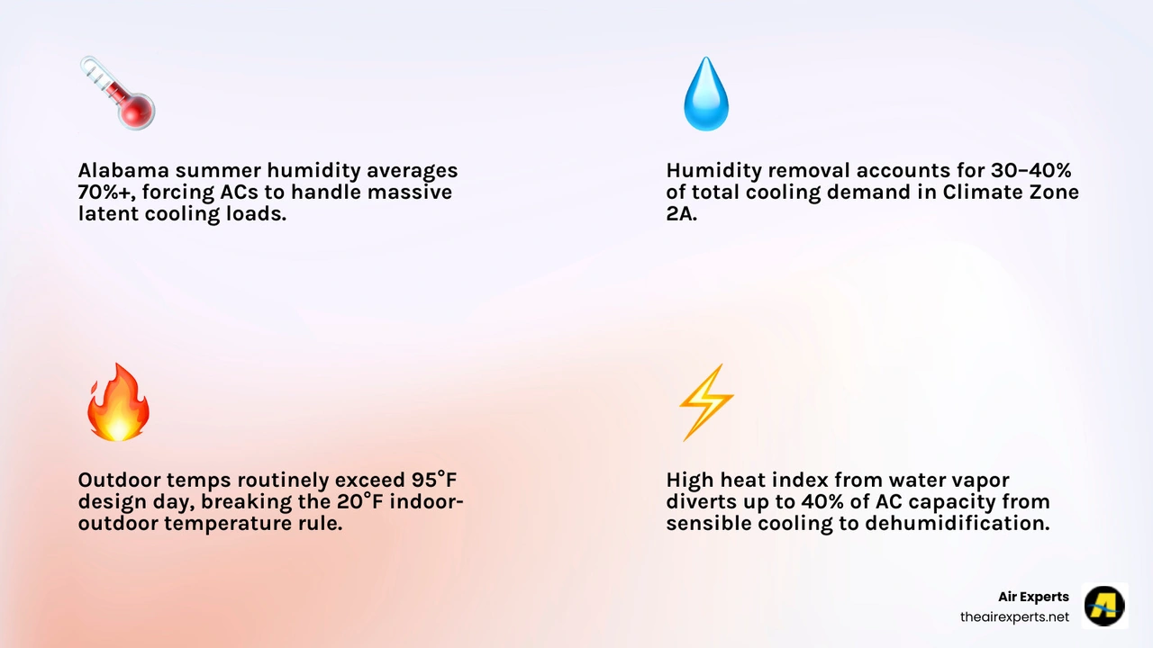 Infographic showing sensible vs latent cooling load split in Alabama's Climate Zone 2A during peak summer - how alabama heat Infographic showing sensible vs latent cooling load split in Alabama's Climate Zone 2A during peak summer - how alabama heat