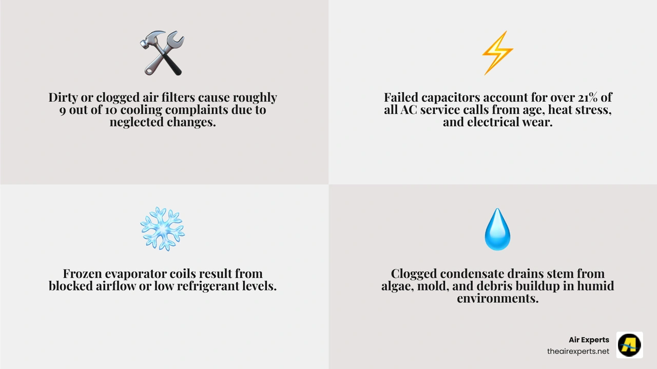 infographic showing the most common AC repairs, their causes, and warning signs - most common ac repairs and what causes