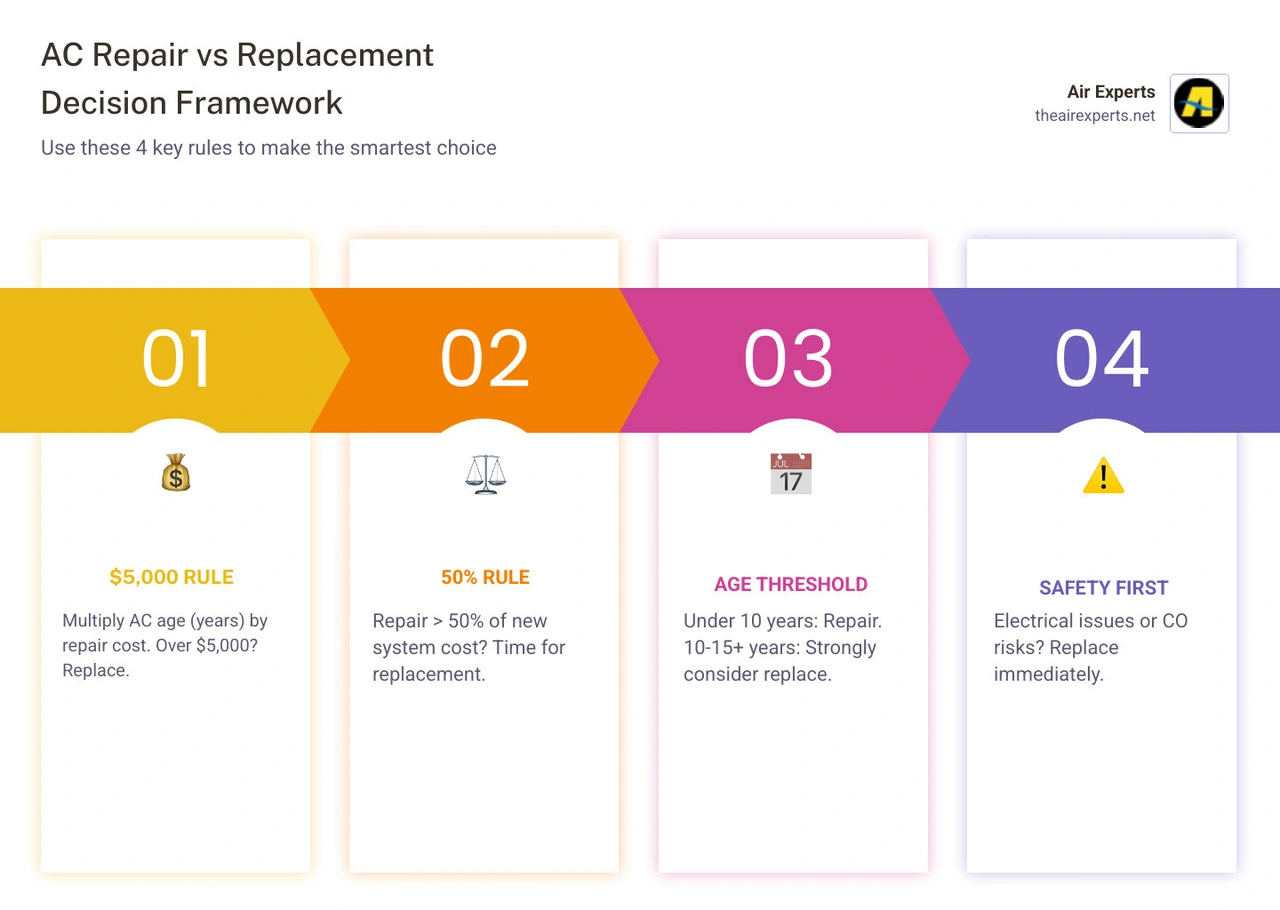 AC repair vs replacement decision flow infographic with $5000 rule, 50% rule, age thresholds, and key replacement systems AC repair vs replacement decision flow infographic with $5000 rule, 50% rule, age thresholds, and key replacement systems