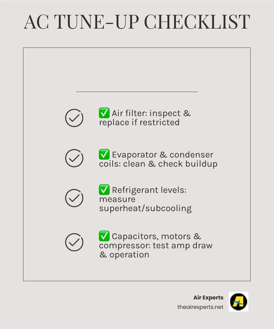 AC tune-up checklist infographic showing 15 key technician checks from filter to compressor and temperature split infographic