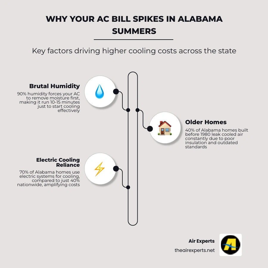 Infographic showing why AC bills spike in Alabama summers: humidity, older homes, electric reliance, and high usage