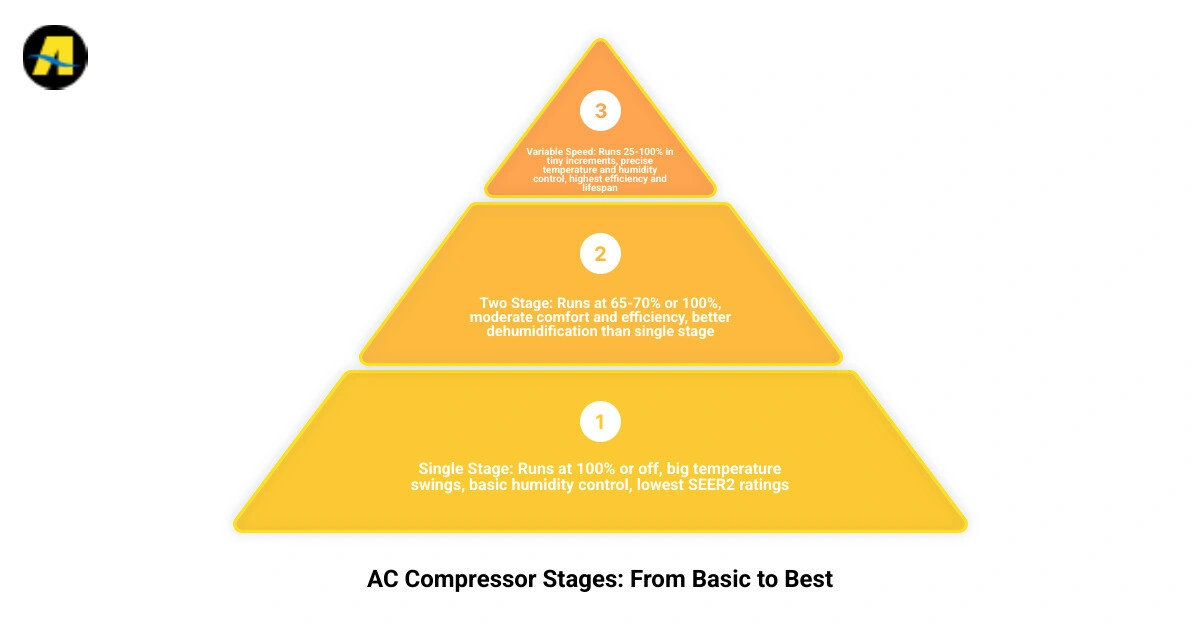 Infographic comparing single stage vs two stage vs variable speed AC: SEER2 ratings, temperature control, humidity removal Infographic comparing single stage vs two stage vs variable speed AC: SEER2 ratings, temperature control, humidity removal