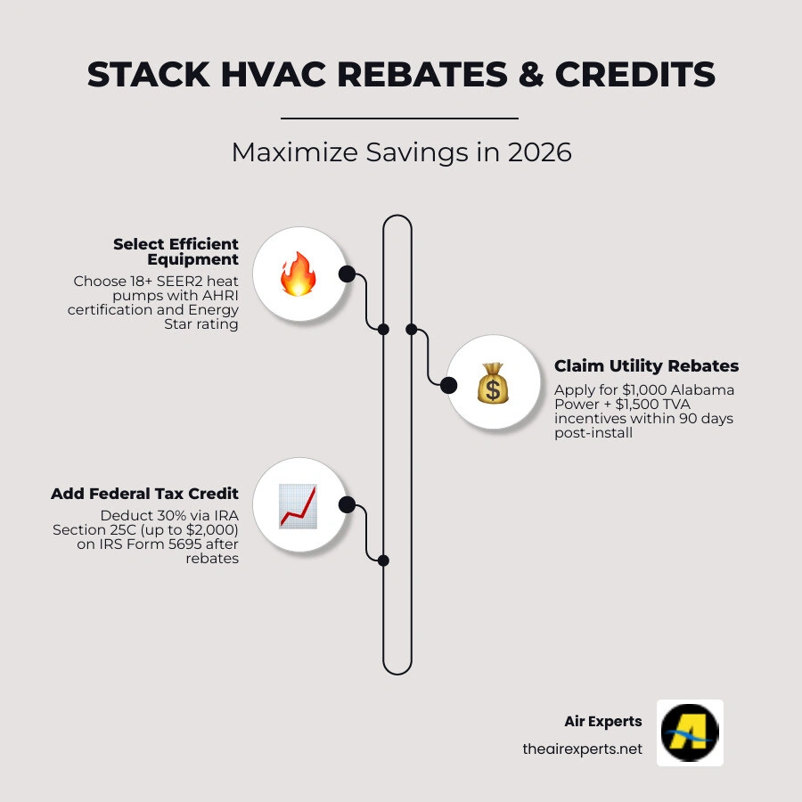 Infographic showing how to stack Alabama Power rebates with IRA federal tax credits for HVAC upgrades in 2026 - alabama Infographic showing how to stack Alabama Power rebates with IRA federal tax credits for HVAC upgrades in 2026 - alabama