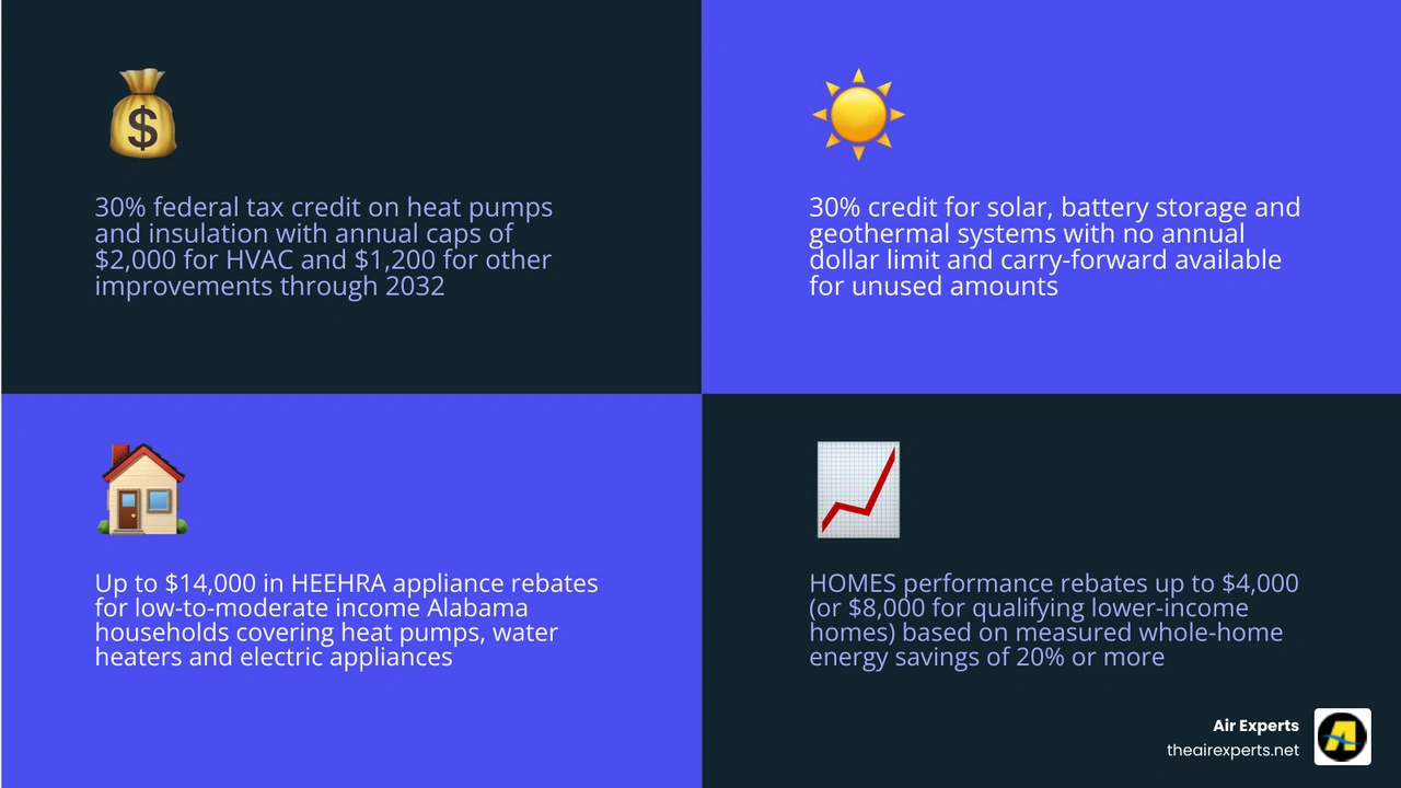 Infographic showing IRA federal incentive timeline 2023 to 2032 with tax credit and rebate program details for Alabama