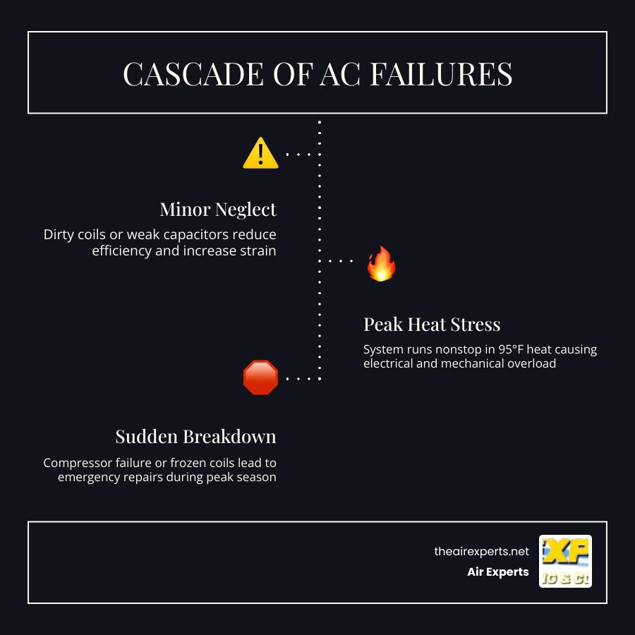 Infographic showing cascade of AC component failures from skipped maintenance to summer breakdown infographic