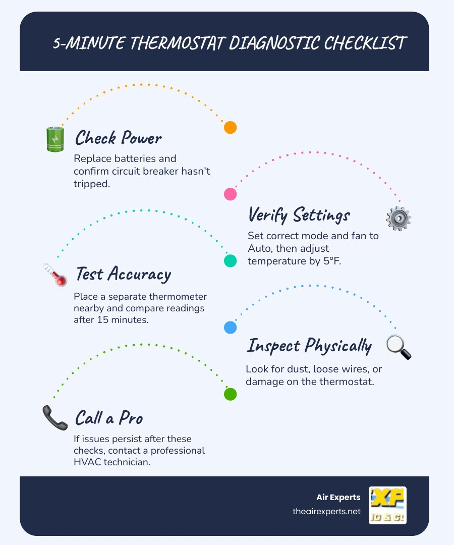 5-minute thermostat diagnostic checklist showing steps: check power, verify settings, test accuracy, clean unit, inspect 5-minute thermostat diagnostic checklist showing steps: check power, verify settings, test accuracy, clean unit, inspect