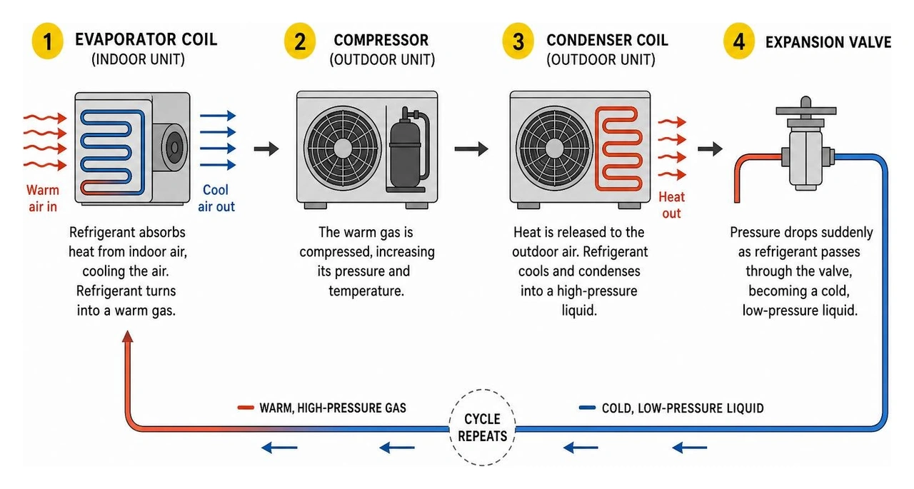 The 4-stage refrigeration cycle of a residential air conditioner The 4-stage refrigeration cycle of a residential air conditioner