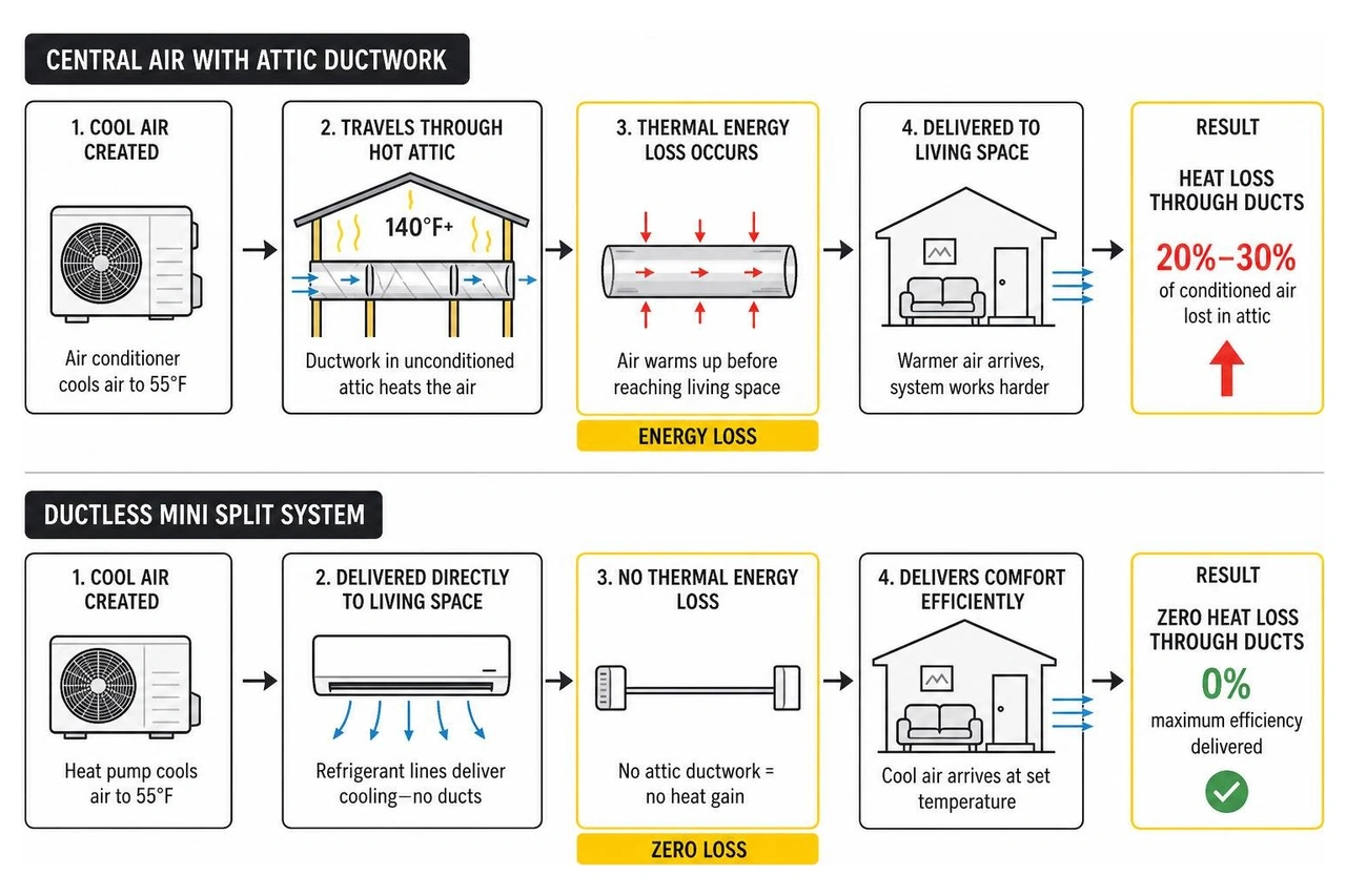 Diagram showing thermal energy loss in unconditioned attic ductwork vs zero loss in ductless system Diagram showing thermal energy loss in unconditioned attic ductwork vs zero loss in ductless system