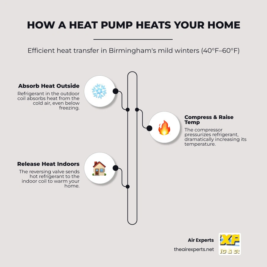 Infographic showing how a heat pump heats a home step by step in Birmingham's mild winter climate infographic Infographic showing how a heat pump heats a home step by step in Birmingham's mild winter climate infographic