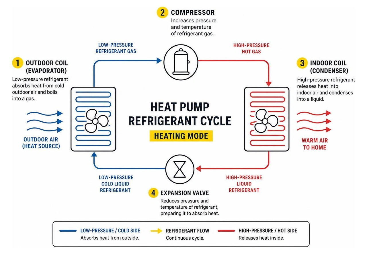 Diagram of the heat pump refrigerant cycle in heating mode Diagram of the heat pump refrigerant cycle in heating mode