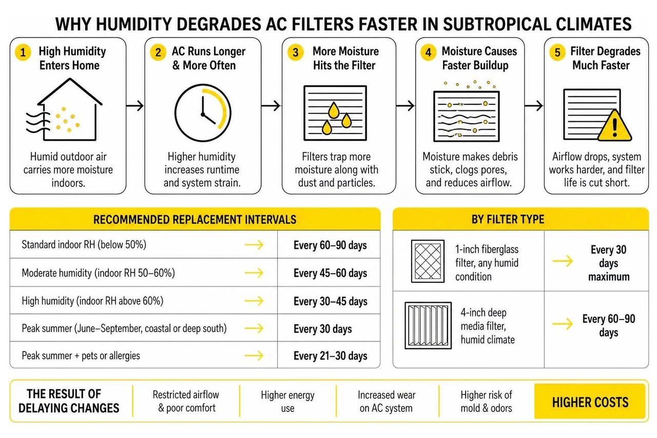 Infographic showing how humidity degrades AC filters faster in subtropical climates with replacement intervals Infographic showing how humidity degrades AC filters faster in subtropical climates with replacement intervals