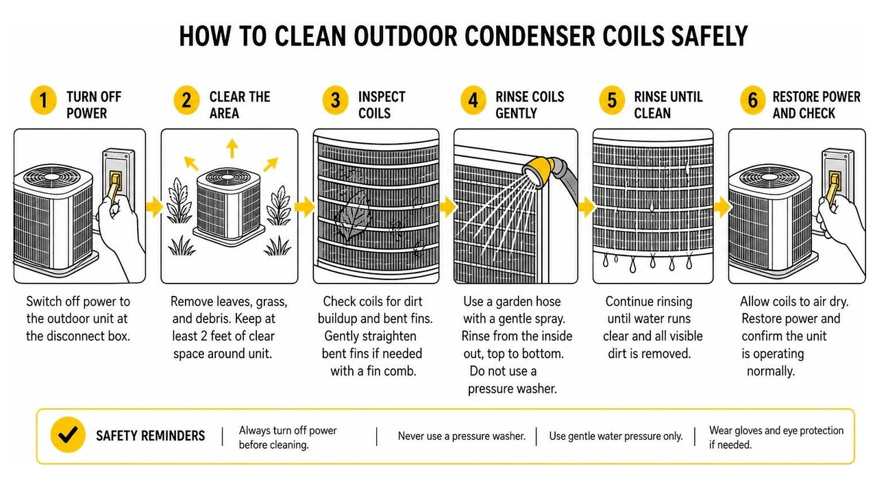 Diagram showing step-by-step process of cleaning outdoor condenser coils safely Diagram showing step-by-step process of cleaning outdoor condenser coils safely