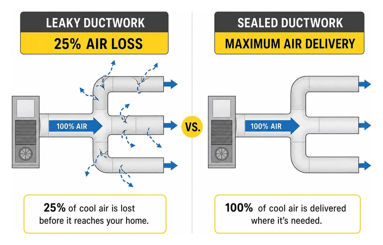 Ductwork air loss comparison showing 25 percent air loss versus a sealed duct system