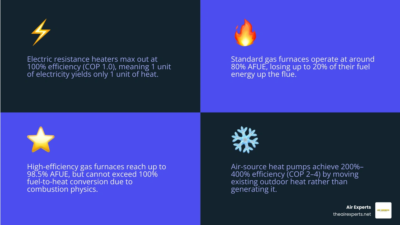 infographic comparing heat pump efficiency at 200-400% vs gas furnace at 80-98.5% and electric resistance at 100% infographic infographic comparing heat pump efficiency at 200-400% vs gas furnace at 80-98.5% and electric resistance at 100% infographic