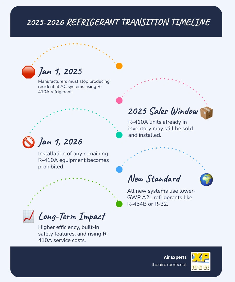 Infographic showing the 2025-2026 refrigerant transition timeline from R-410A to A2L refrigerants infographic Infographic showing the 2025-2026 refrigerant transition timeline from R-410A to A2L refrigerants infographic