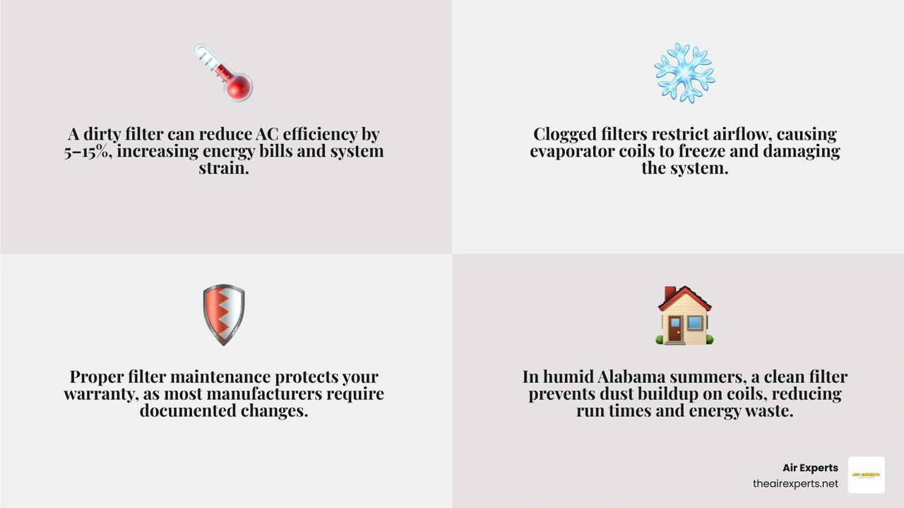 infographic showing how air filters protect HVAC systems, airflow, coil health, and energy efficiency infographic
