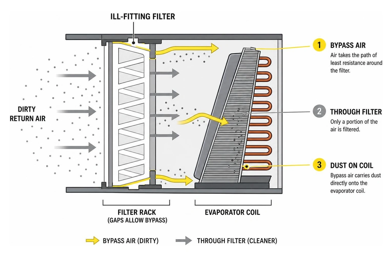 diagram showing how bypass air carries dust around an ill-fitting filter directly onto the evaporator coil