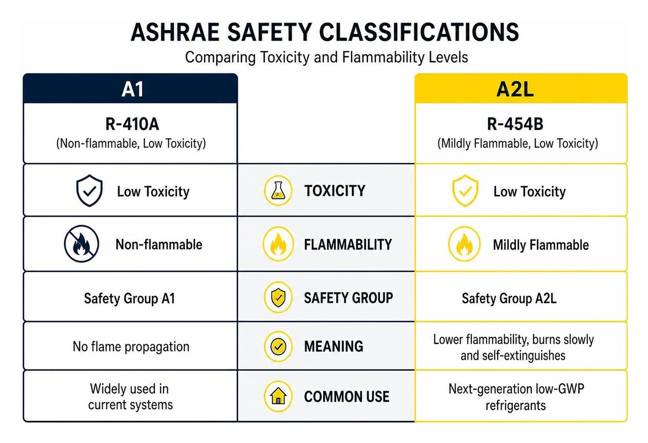 Diagram showing ASHRAE safety classifications comparing toxicity and flammability levels A1 vs A2L