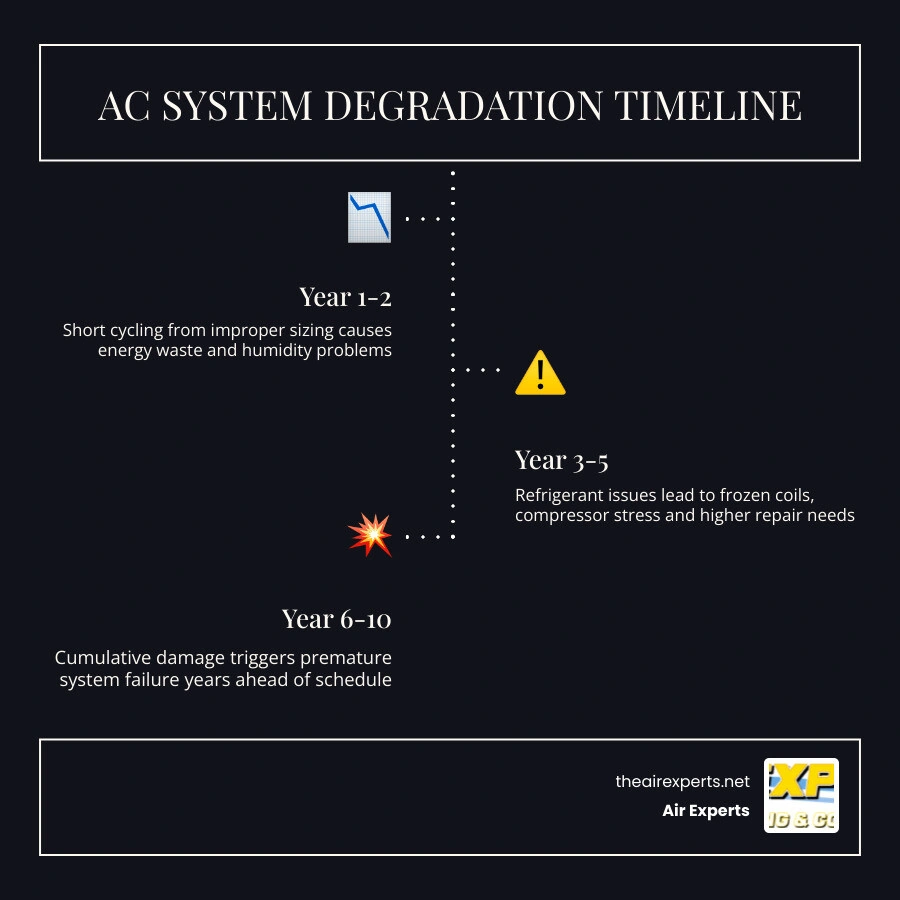 Timeline infographic showing AC system degradation stages caused by bad installation errors over 1 to 10 years infographic Timeline infographic showing AC system degradation stages caused by bad installation errors over 1 to 10 years infographic