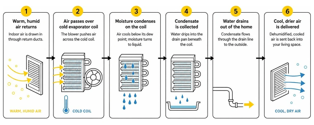 Step-by-step process of heat and moisture extraction during the cooling cycle Step-by-step process of heat and moisture extraction during the cooling cycle
