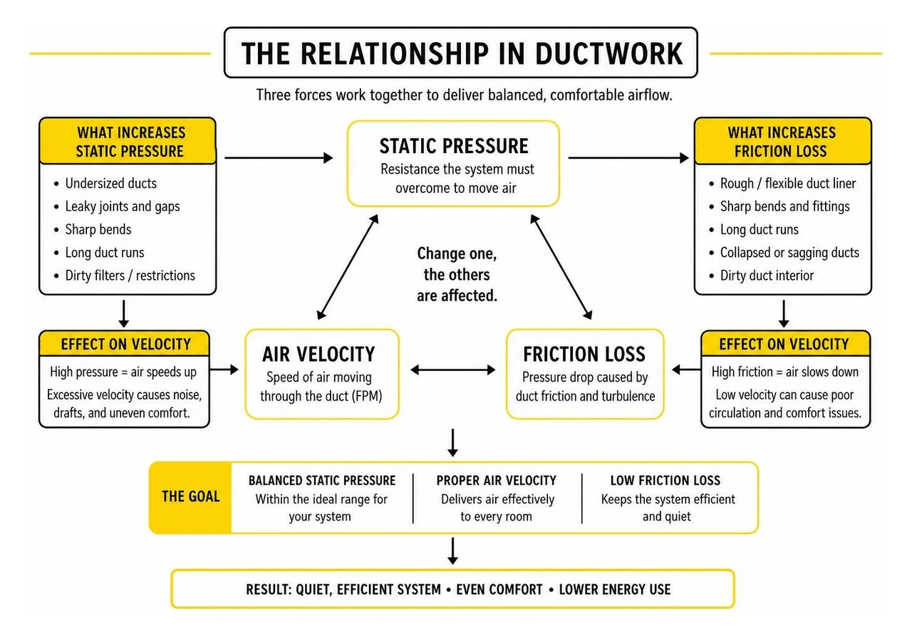Diagram illustrating the relationship between static pressure, air velocity, and friction loss in residential ductwork Diagram illustrating the relationship between static pressure, air velocity, and friction loss in residential ductwork