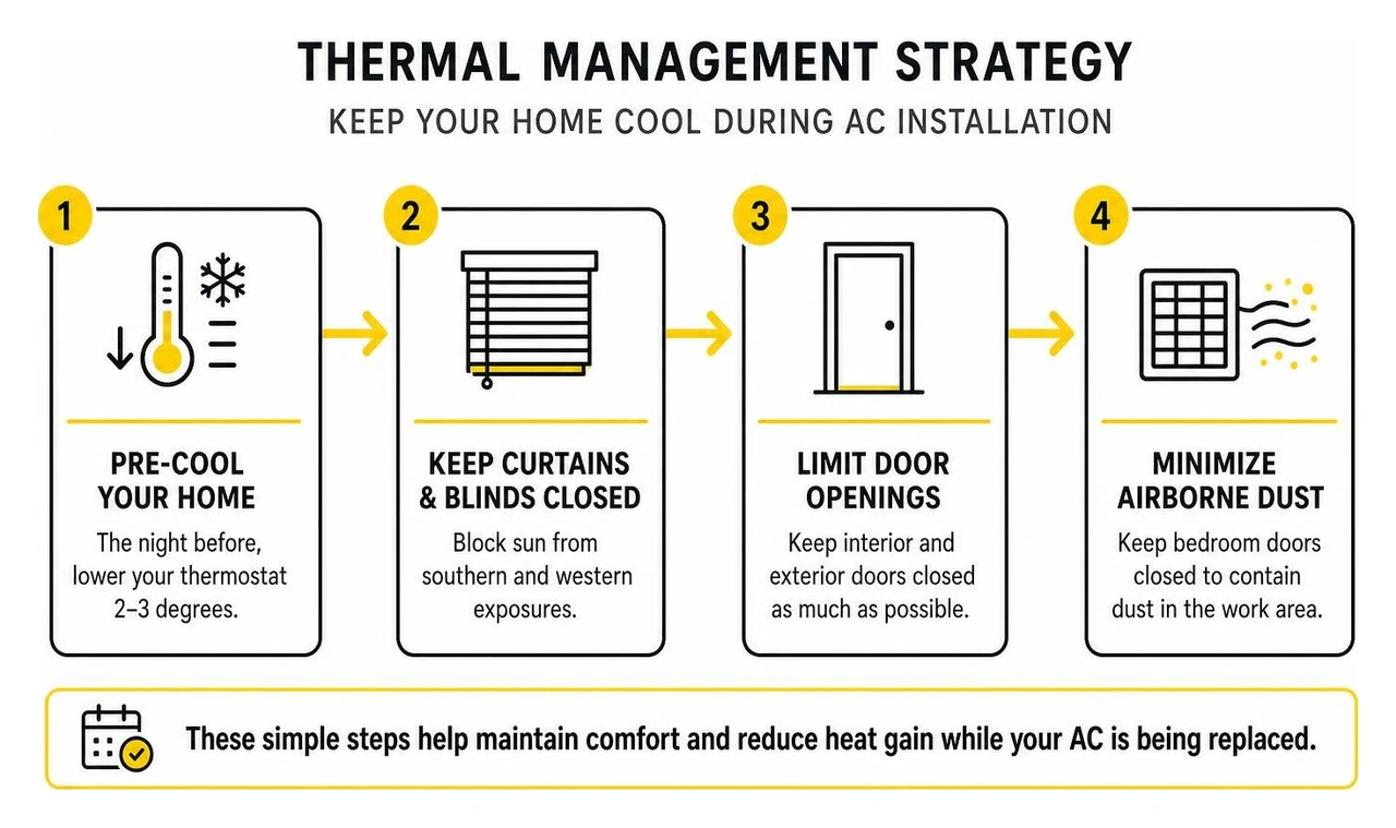Diagram showing thermal management strategy for keeping home cool during AC installation