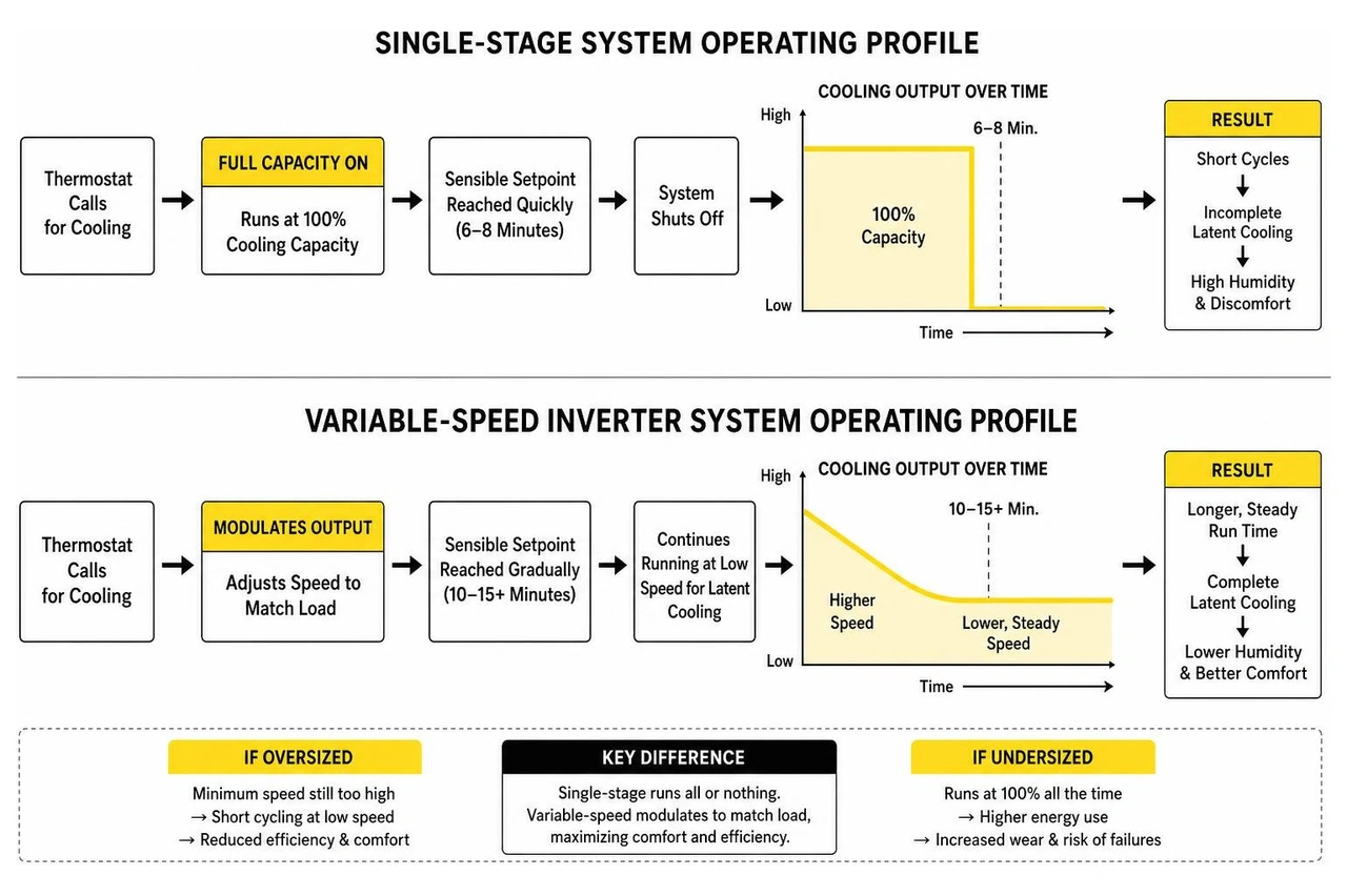 Single-stage vs variable-speed inverter operating profile Single-stage vs variable-speed inverter operating profile