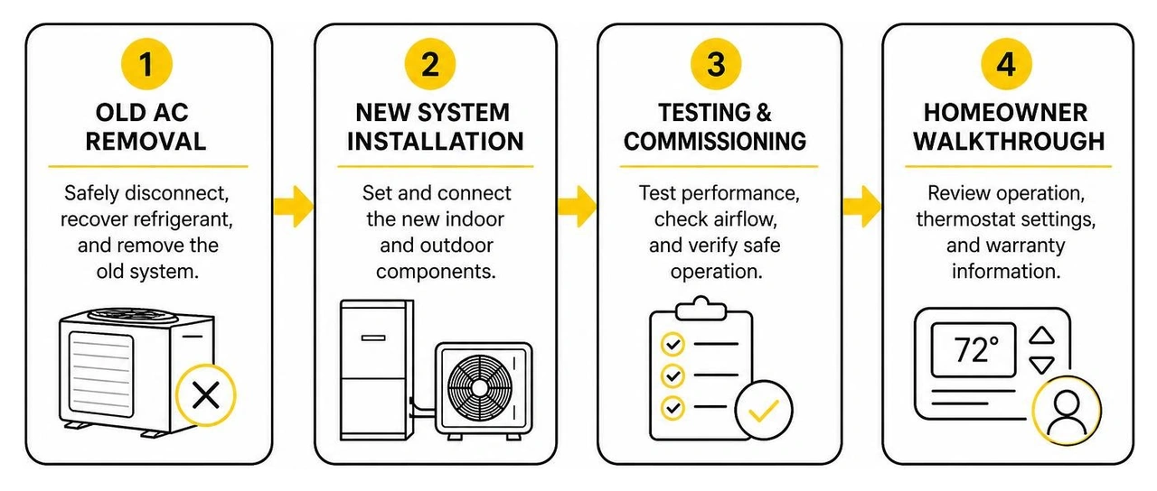 Infographic showing old AC removal, new system installation, testing, and homeowner walkthrough Infographic showing old AC removal, new system installation, testing, and homeowner walkthrough