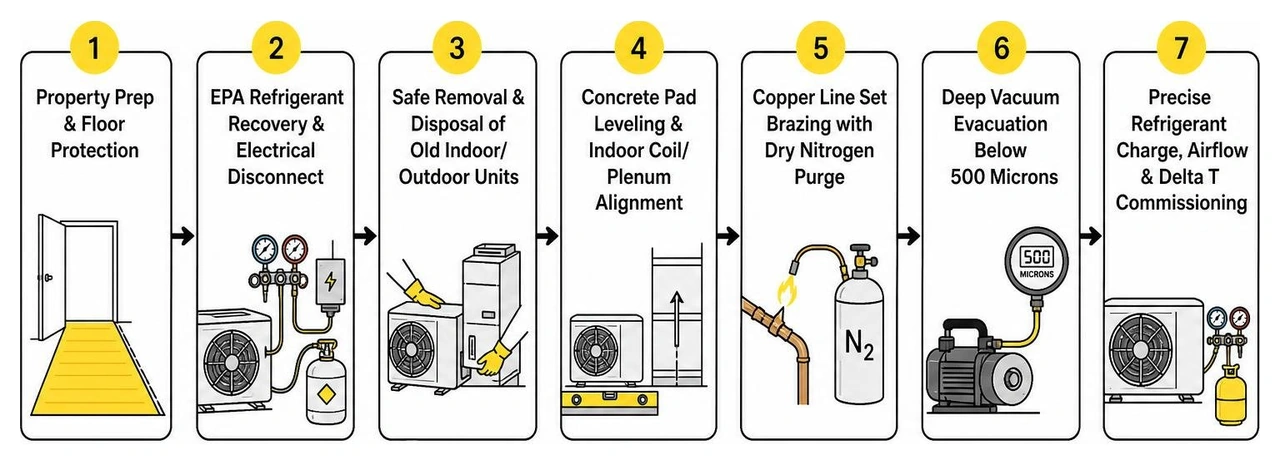 Step-by-step flowchart of the AC replacement and installation process Step-by-step flowchart of the AC replacement and installation process