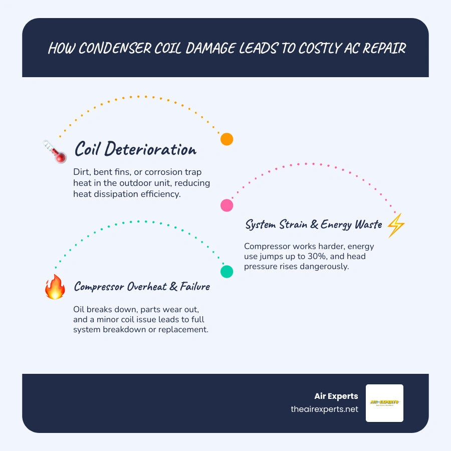 infographic showing how condenser coil damage escalates from dirty fins to compressor failure and high energy bills