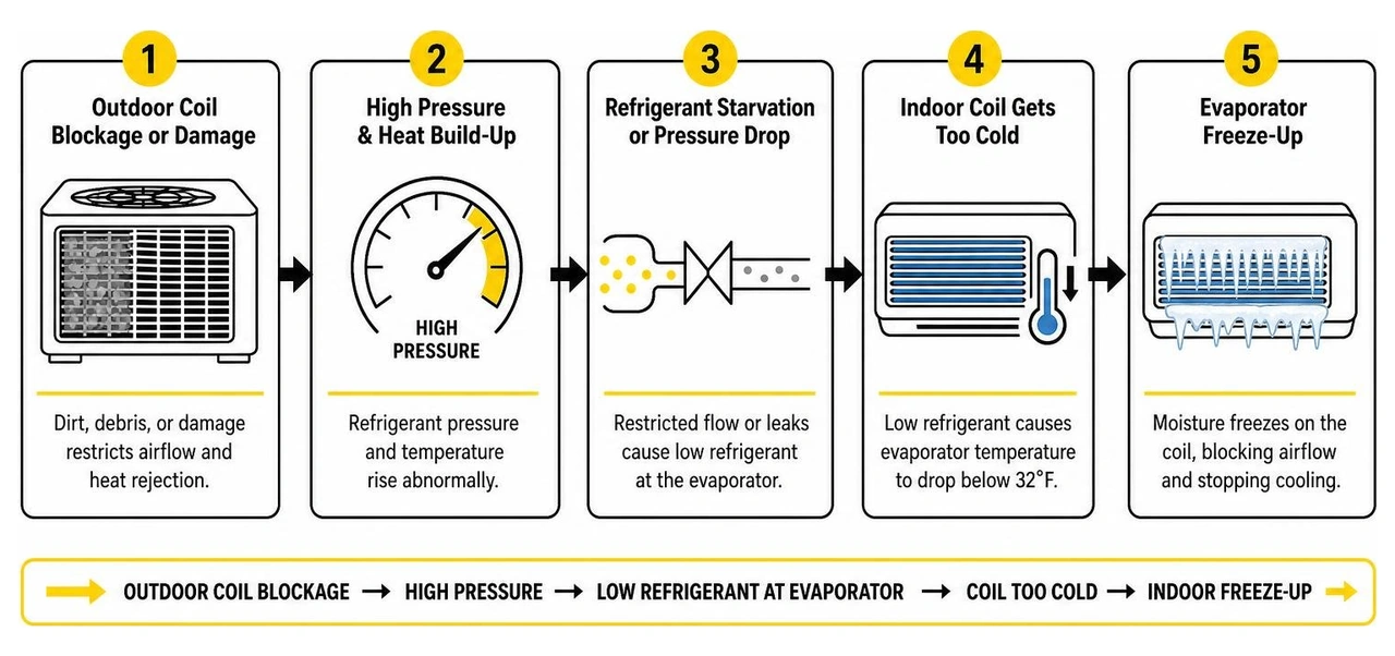 diagram of cause and effect chain showing outdoor coil blockage leading to indoor evaporator freeze up