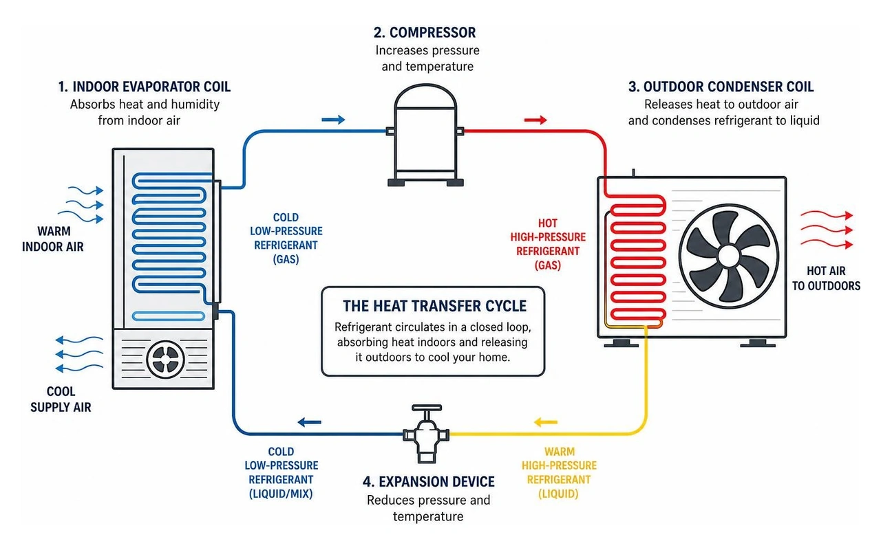 diagram showing the heat transfer cycle between indoor evaporator coil and outdoor condenser coil