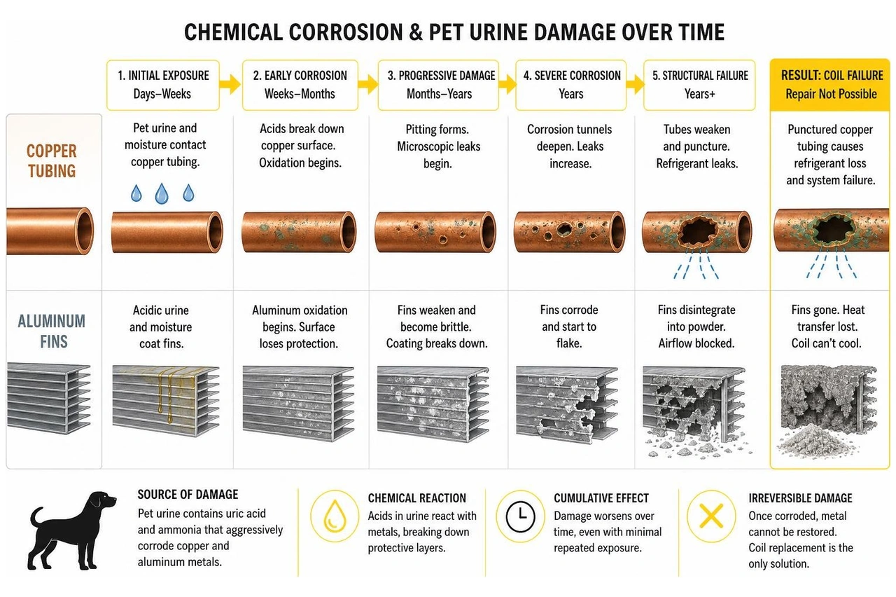 diagram showing how chemical corrosion and pet urine degrade copper tubing and aluminum fins over time